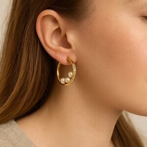 Anne Klein Gold Hoop Earrings with Pearls & Crystals NWT